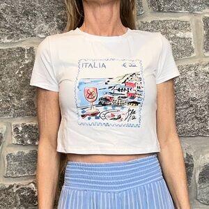 Italian Postage Stamp Seaside Village Short Sleeve Graphic T-Shirt size XS